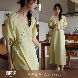 改良旗袍中长款 连衣裙新中式 v领盘扣国风泡泡短袖 女 到手279元