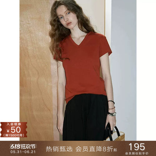复古双面棉V领短袖T恤女夏打底
