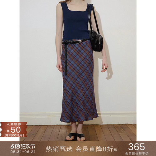 popchrio亚麻格子高腰半身裙