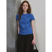 T恤宽松白色上衣打底衫 原创手绘花朵盘带绣圆领短袖 女 23新品