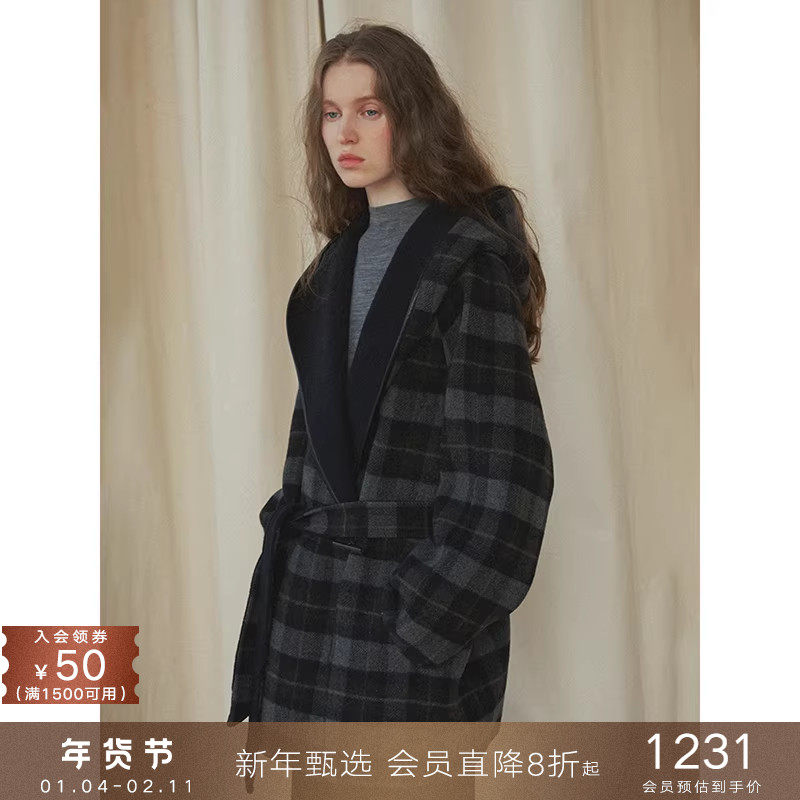 popchrio◆复古羊毛撞色格子大翻领连帽双面呢大衣短毛呢外套女冬
