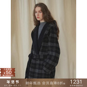 popchrio 复古羊毛撞色格子大翻领连帽双面呢大衣短毛呢外套女冬