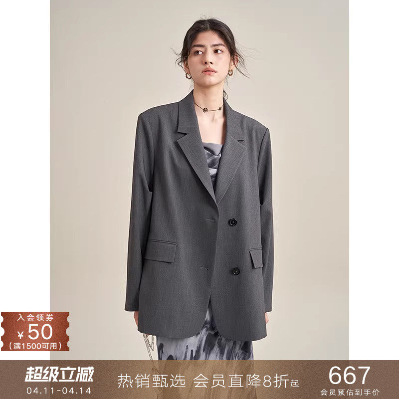 popchrio◆设计感小众宽松休闲西服高级灰色职业西装外套小个子女