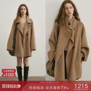 popchrio◆绵羊毛立翻领茧型短款双面呢大衣毛呢外套小个子女