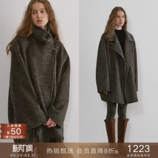 popchrio 毛呢外套 茧型加厚立翻领含驼绒羊毛双面呢大衣宽松短款