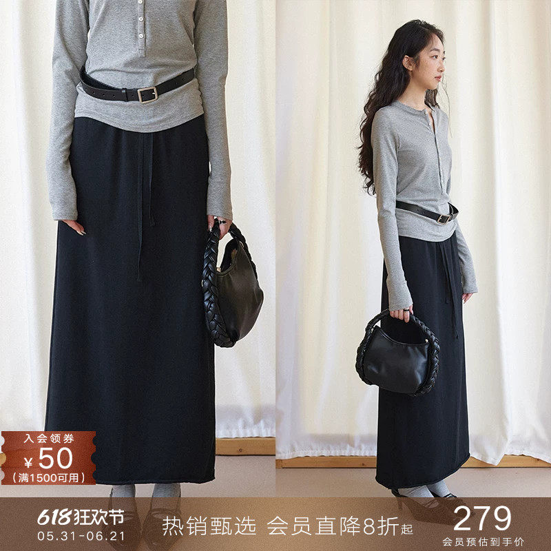popchrio◆复古做旧纯棉针织半身裙松紧高腰抽绳直筒一步长裙子女