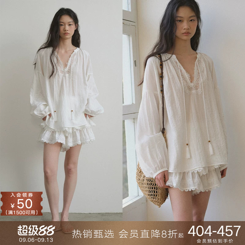 popchrio◆v领蕾丝拼接泡泡长袖衬衫白色衬衣a字蛋糕蓬蓬裙裤套装