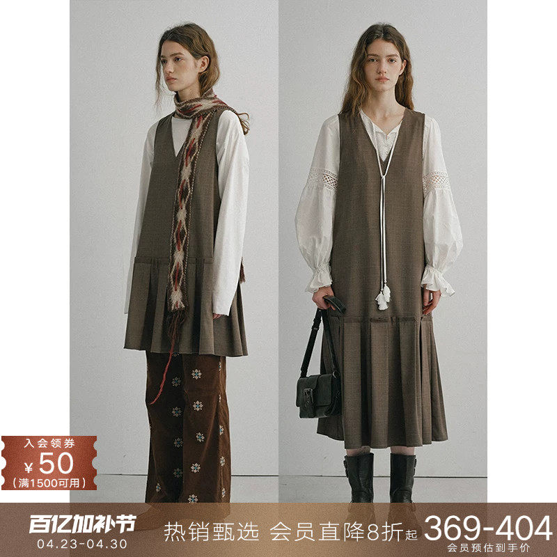 popchrio◆复古格子v领短款连衣裙无袖拼接百褶裙叠穿背心裙秋冬