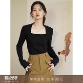 T恤打底衫 针织上衣小众黑色长袖 时髦挂肩方领法式 女 到手89元