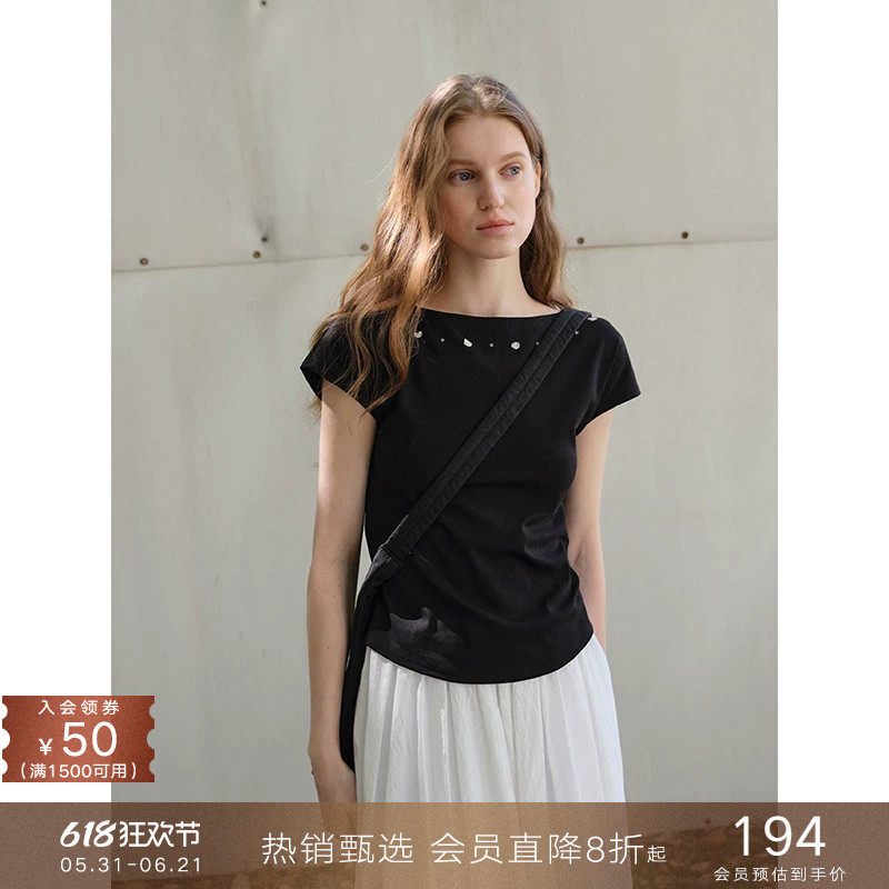 popchrio◆设计感贝壳印花一字肩小飞短袖T恤宽松显瘦休闲上衣女