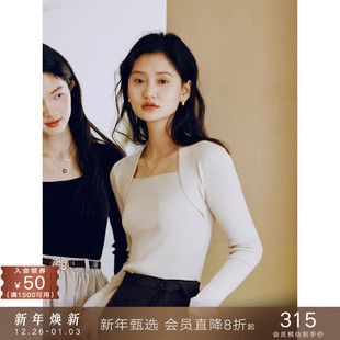 方领长袖 复古挂肩法式 针织T恤打底上衣女春 蚕丝莱赛尔 popchrio