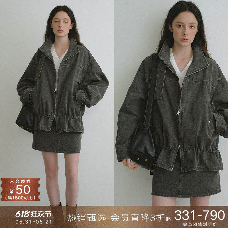 popchrio◆复古水洗纯棉立领夹克低腰短款外套半身短裙子套装女春
