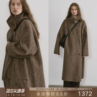 popchrio 毛呢外套女冬 重磅驼绒立领羊毛双面呢大衣宽松加厚长款