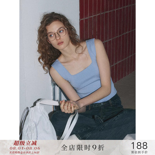 上衣女夏 popchrio 高级感针织方领吊带内搭打底背心修身 短款 无袖