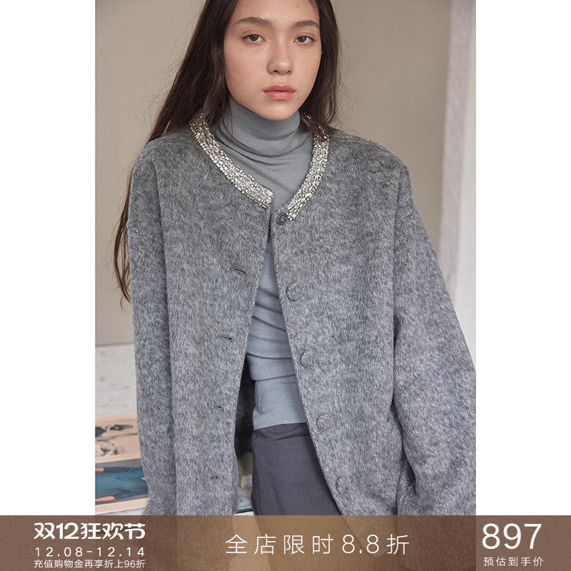 popchrio手工钻饰羊毛双面毛呢