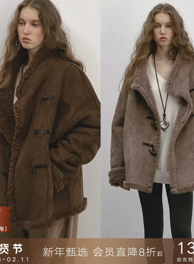 popchrio◆100%羊毛双面两穿仿皮毛一体羊羔毛绒大衣牛角扣外套女