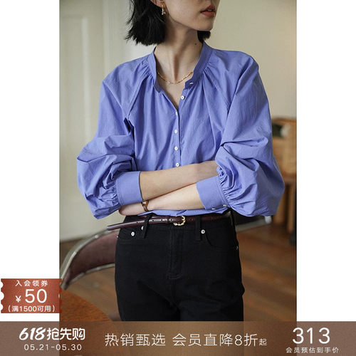 popchrio纯棉泡泡灯笼长袖衬衫