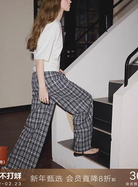 popchrio◆美式松弛感蓝色格子休闲裤宽松显瘦直筒拖地长裤子女夏