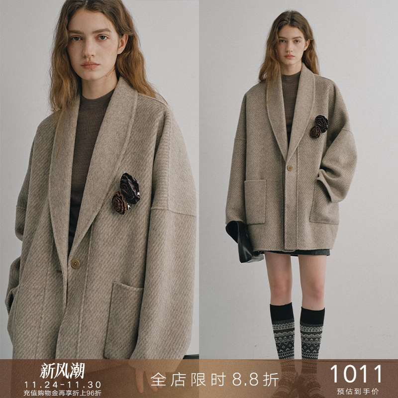 popchrio◆复古驼绒羊毛双面呢大衣小个子加厚短款西服毛呢外套女