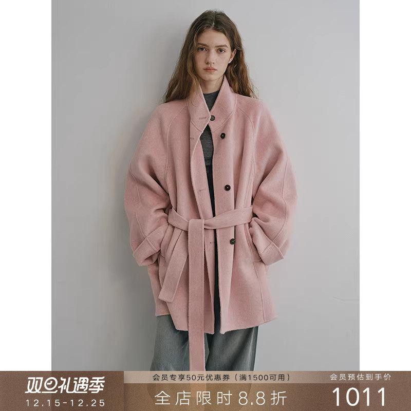 popchrio羊绒羊毛系带毛呢大衣