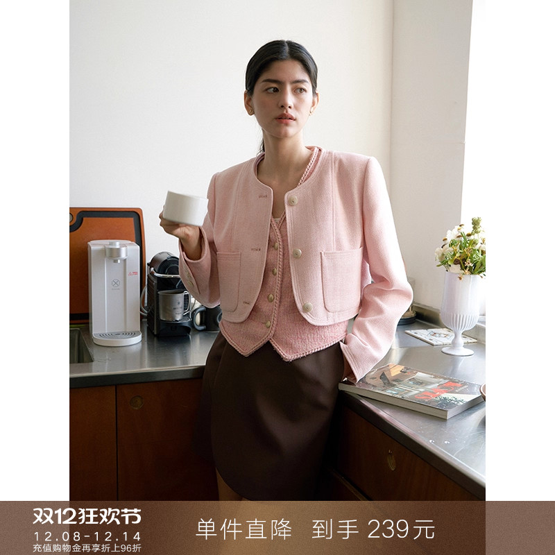 popchrio小香风圆领短款外套