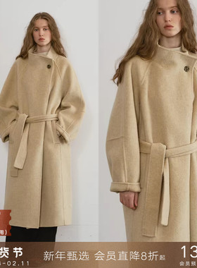 popchrio◆慵懒风羊毛自由立领双面呢大衣中长款加厚毛呢外套女冬