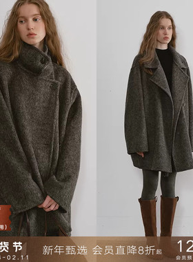 popchrio◆茧型加厚立翻领含驼绒羊毛双面呢大衣宽松短款毛呢外套
