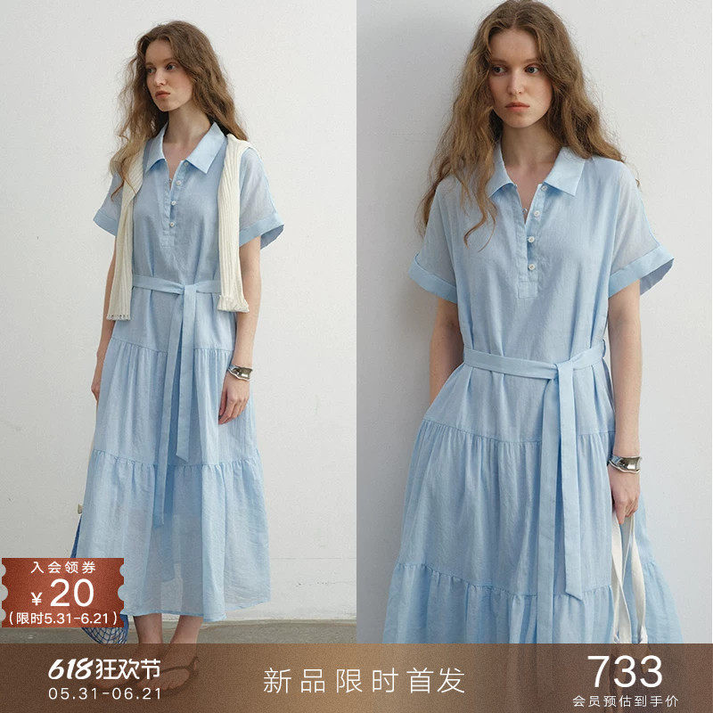05/31新品 苎麻法式收腰绑带衬衫裙宽松A字短袖连衣裙中长款裙子