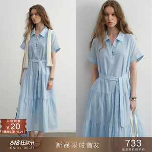 05/31新品 苎麻法式收腰绑带衬衫裙宽松A字短袖连衣裙中长款裙子