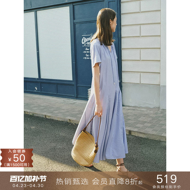 popchrio◆法式抽绳褶皱条纹v领系带短袖连衣裙大裙摆a字长裙子女