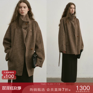 popchrio◆复古设计感立领含驼绒收腰双面毛呢大衣短款羊毛外套女