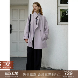 popchrio◆纯棉简约立领气质飘带中长风衣小个子短款宽松外套女秋