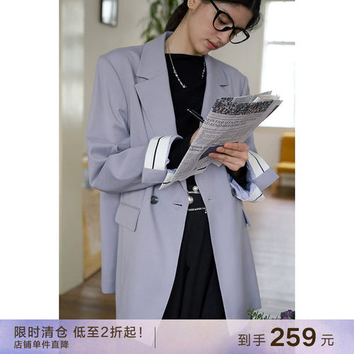 popchrio双排扣长袖西服上衣休闲