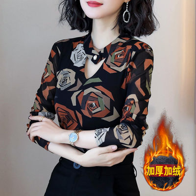 薄款/加绒网纱打底衫女新款长袖t恤2023秋冬洋气女士内搭保暖上衣