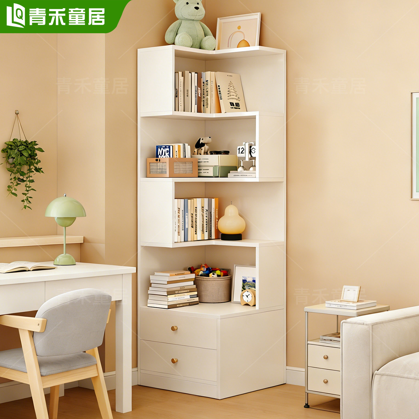 实木转角书柜床头柜一体书架置物架卧室床头柜客厅收纳柜墙角柜子