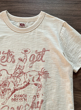 谢先绅 美式骑马牛仔T恤 vintage复古做旧红色印花百搭男女短袖