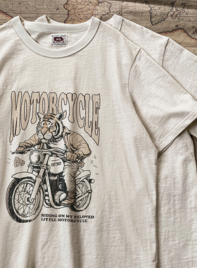 谢先绅 美式休闲T恤男士潮流机车老虎小众复古老粗布纯棉圆领短袖