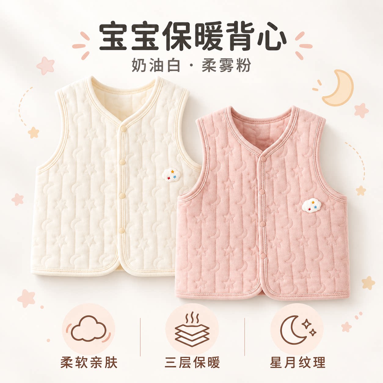 婴儿马甲保暖纯棉A类婴幼女宝宝衣服夹棉秋冬款背心外穿坎肩护肚