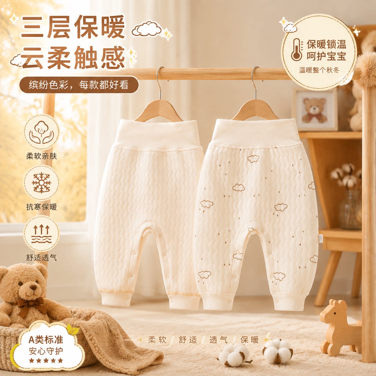 婴儿裤子宝宝保暖裤加厚秋冬季高腰护肚裤纯棉开裆打底裤外出家居图片