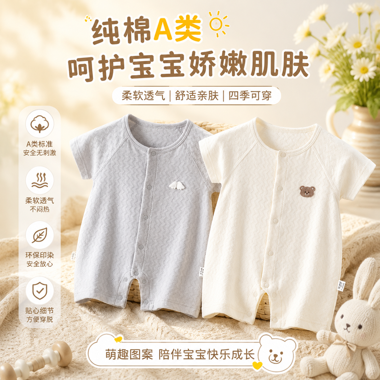 婴儿连体衣夏季薄款A类无骨婴幼儿宝宝短袖开衫居家服哈衣小月龄