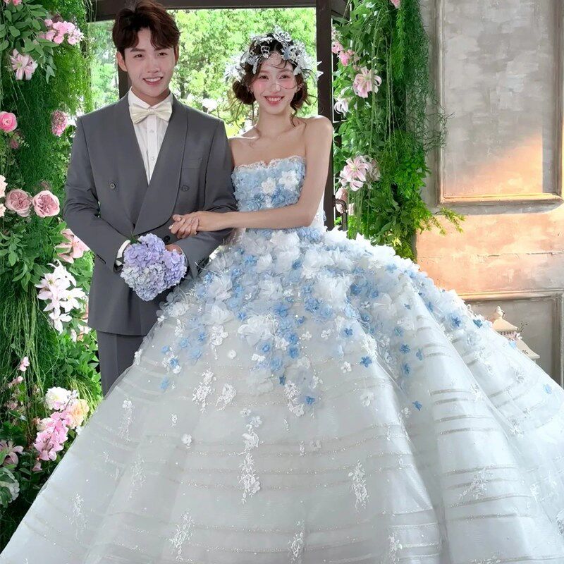 新款影楼拍照主题服装花仙子蓝色婚纱花朵抹胸彩纱外景旅拍摄影服