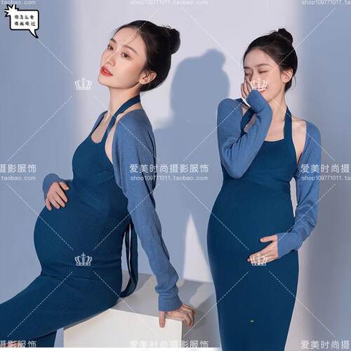 23新款孕妇照服装影楼蓝色修身针织套装连衣裙艺术照孕妇摄影衣服
