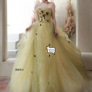 婚纱礼服晚宴主持人艺考显瘦仙气法式 艺术照写真 粉色花朵影楼服装