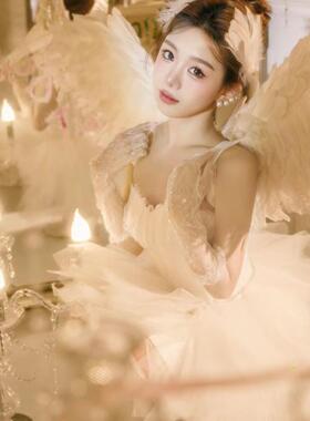 影楼新款精灵芭蕾少女法式梦幻纯欲风白色羽毛裙私房艺术照摄影服