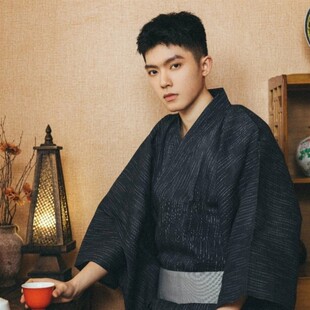 日本和服男武士和服正装剑道黑色顺条纹传统夏日祭花火大会和服