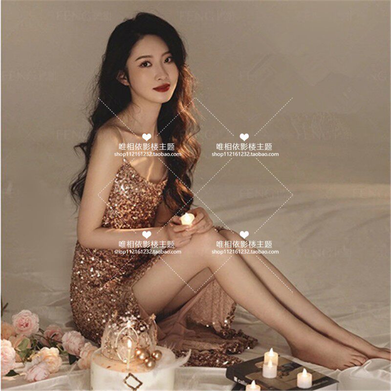 新款性感法式欲风金色亮片礼服 照相馆室内生日派对主题写真服装