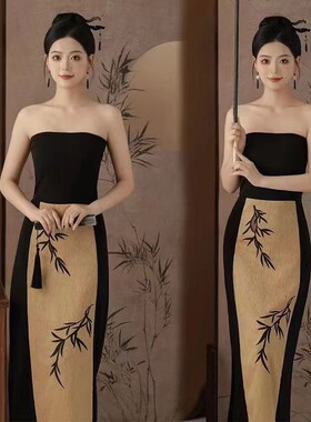 影楼主题新中式国风黑色抹胸礼服水墨画风复古写真旗袍艺术照服装