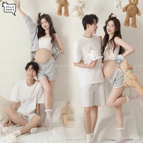 孕妇新款情侣主题影楼韩系甜美可盐可甜休闲套装夫妻写真在家拍孕