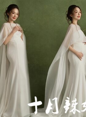 孕妇照服装新款影楼法式轻婚纱高级白色礼服孕妈大肚艺术照摄影服