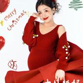 新款 圣诞主题龙年红色毛衣孕妈咪艺术照摄影衣服影 影楼孕妇照服装